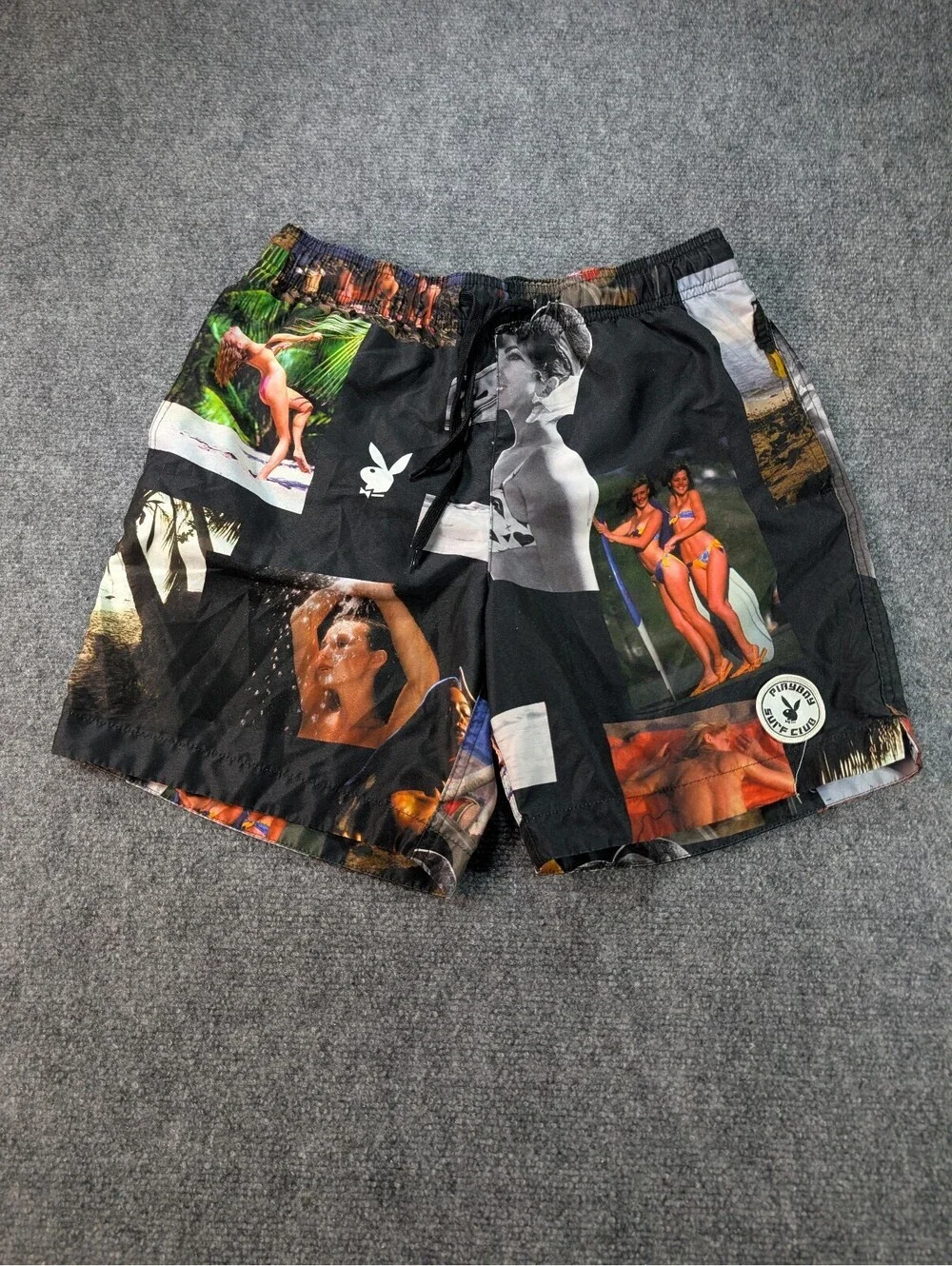 Playboy Pacsun Surf Club Men's Small Black Swim Trunks Vintage Photo Collage